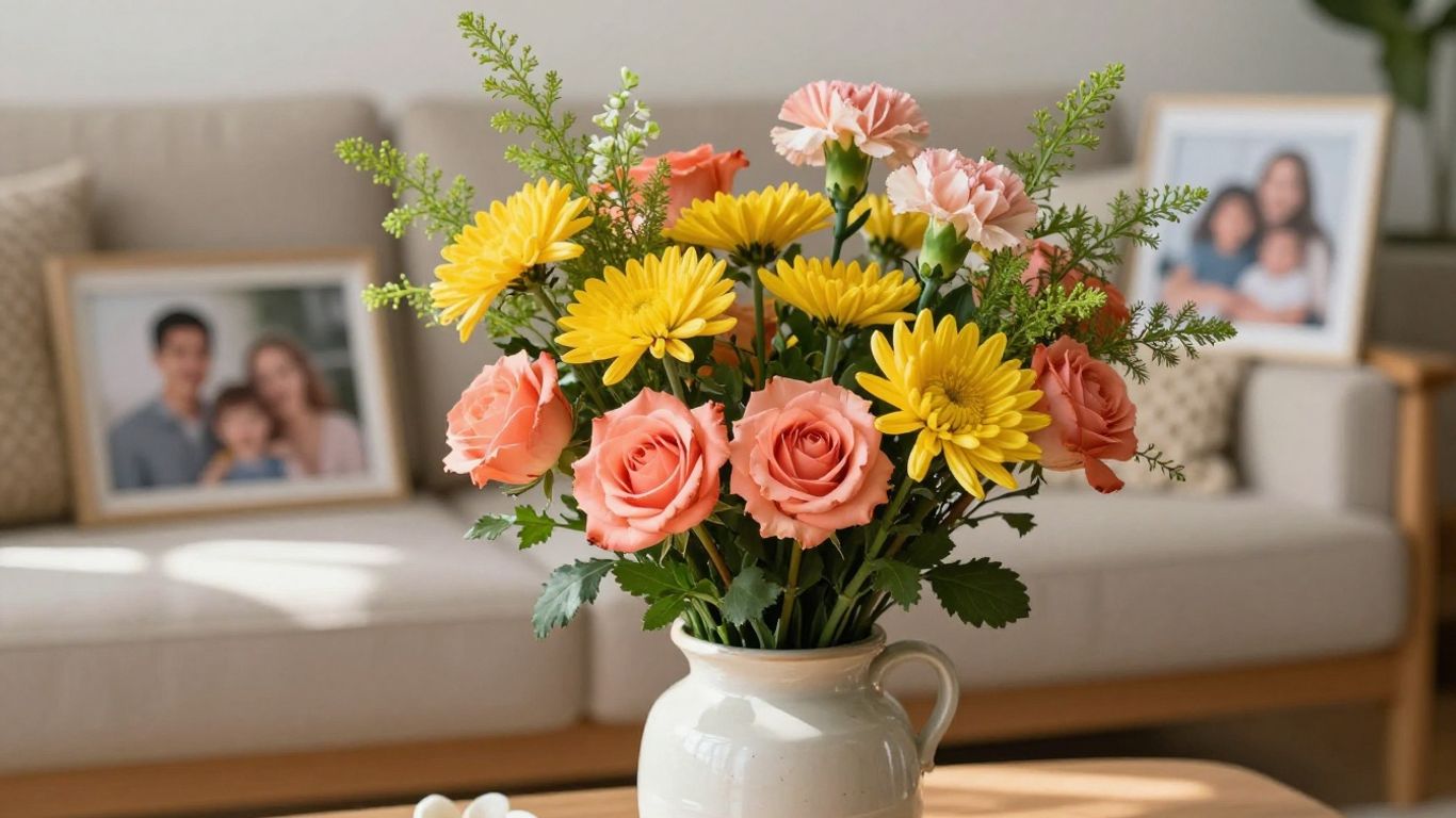 Colorful seasonal flowers arranged in a homelike ceramic vase