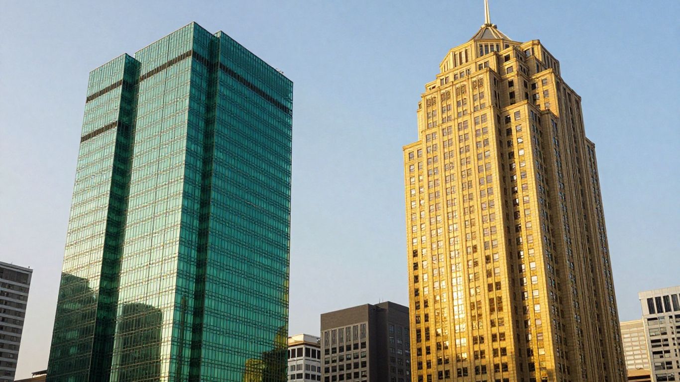Edificio moderno vs. rascacielos clásico, comparación multinivel.