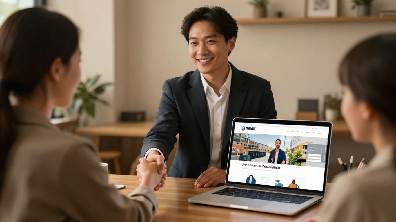 Business owner with laptop building trust and credibility