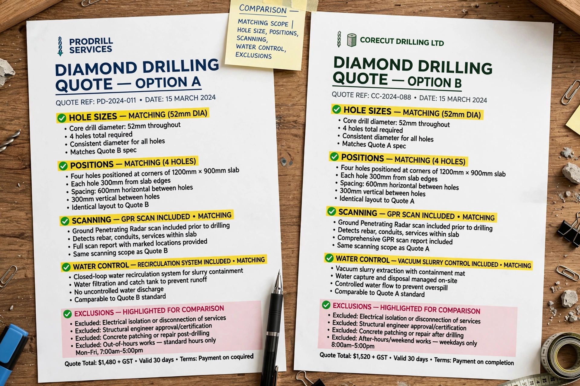Two written diamond drilling quotes side by side on a desk, with matching hole sizes, positions, scanning, water control and exclusions clearly highlighted for comparison