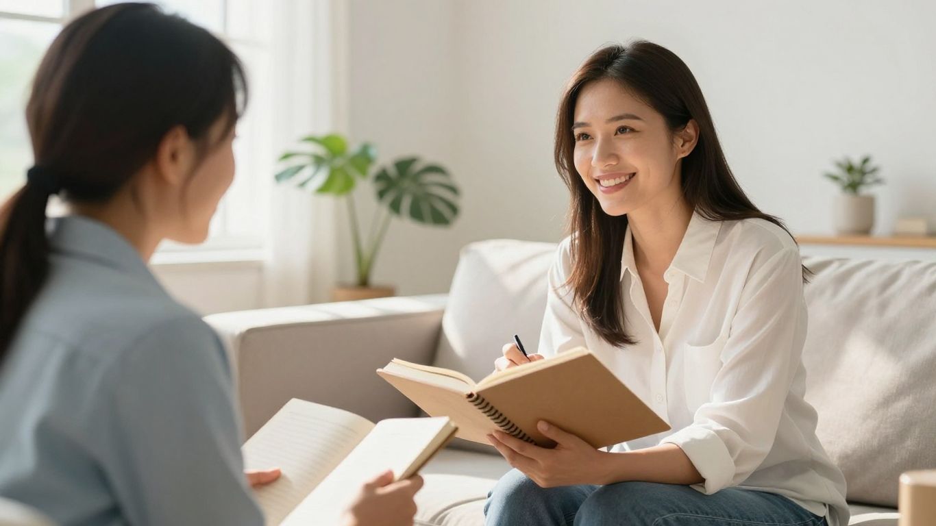 Wellness coach and client discussing mood tracking.
