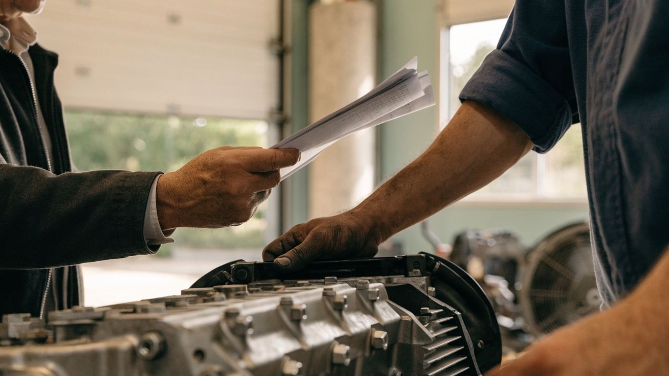 Buyer reviewing engine warranty paperwork with a mechanic