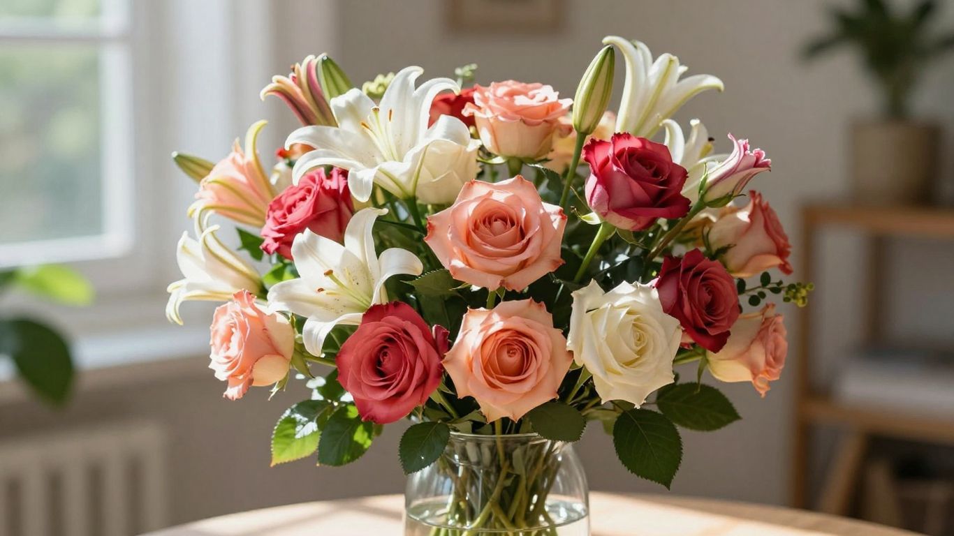 Fresh flowers in a vase, ready for click and collect.