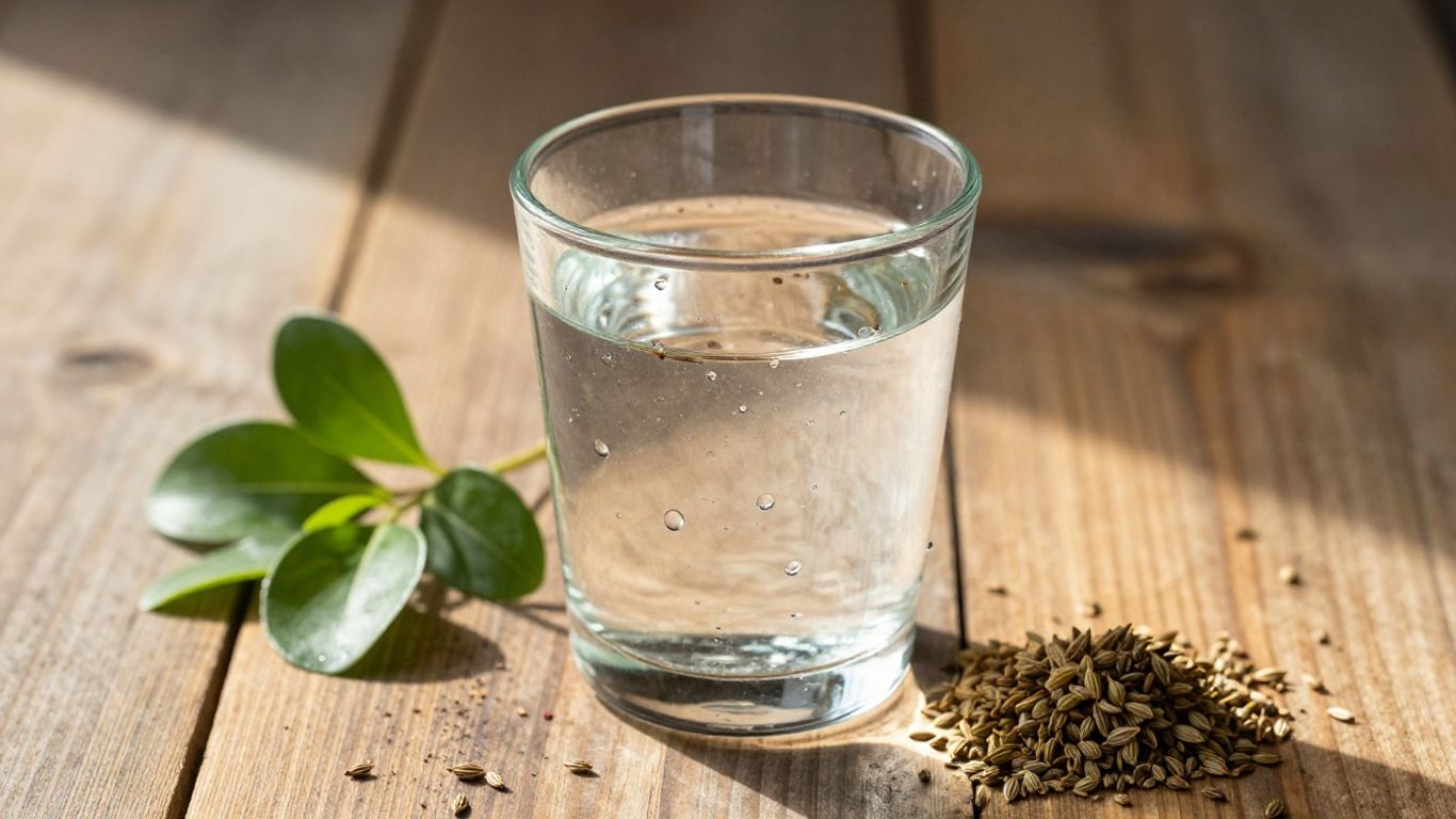 Glass of ajwain water with seeds and leaves.