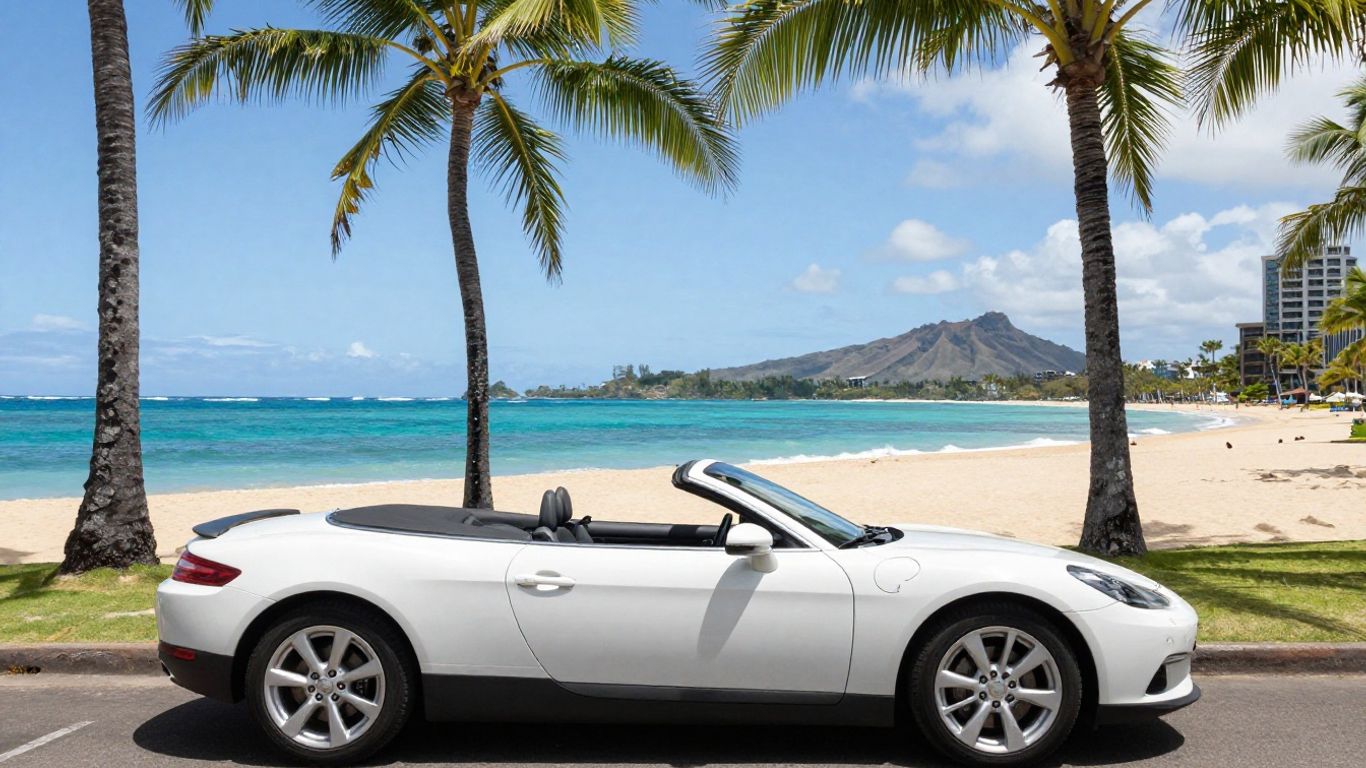Convertible car parked near a sunny Honolulu beach.