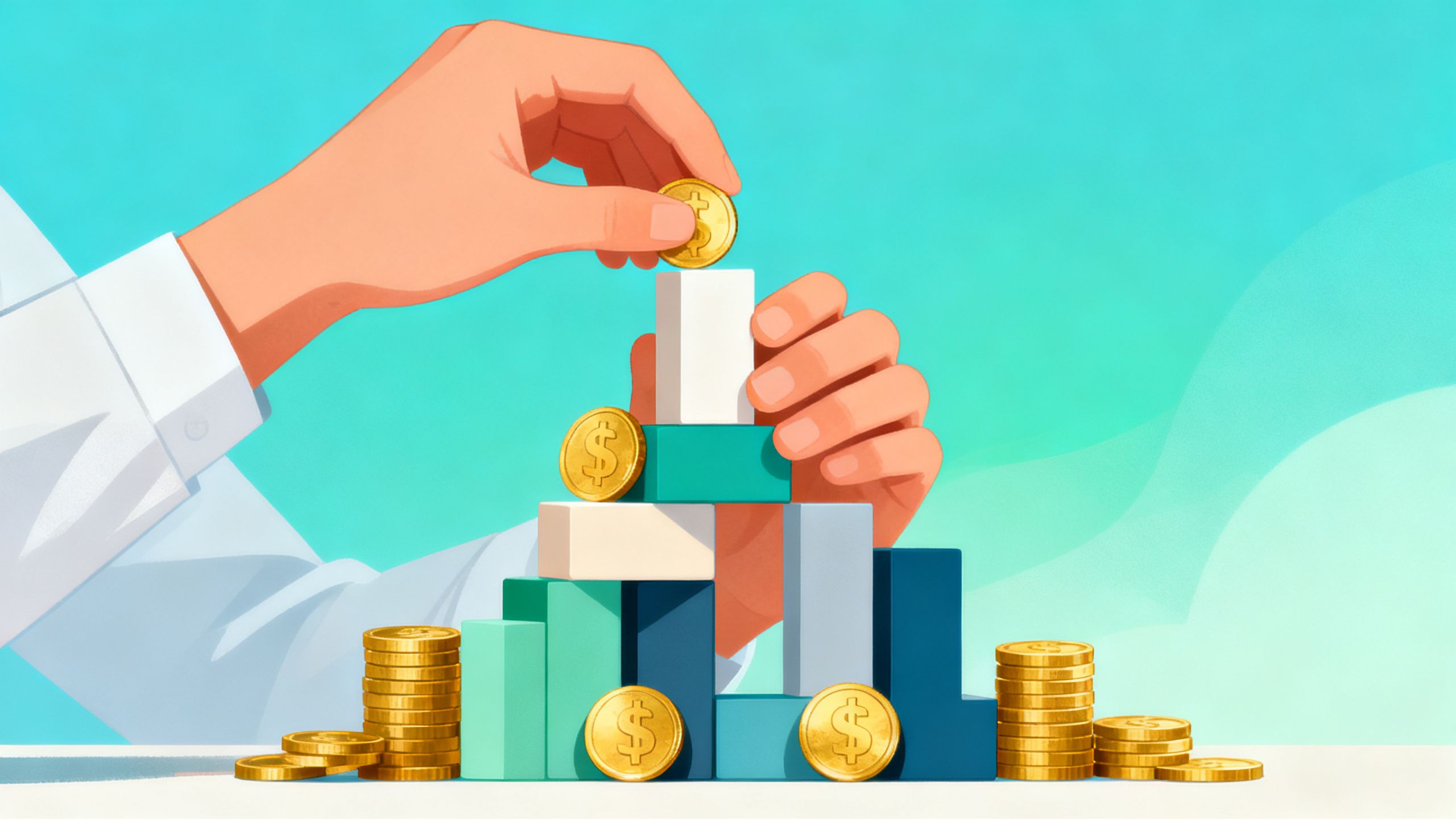 Hands constructing a balanced financial portfolio with diverse assets.