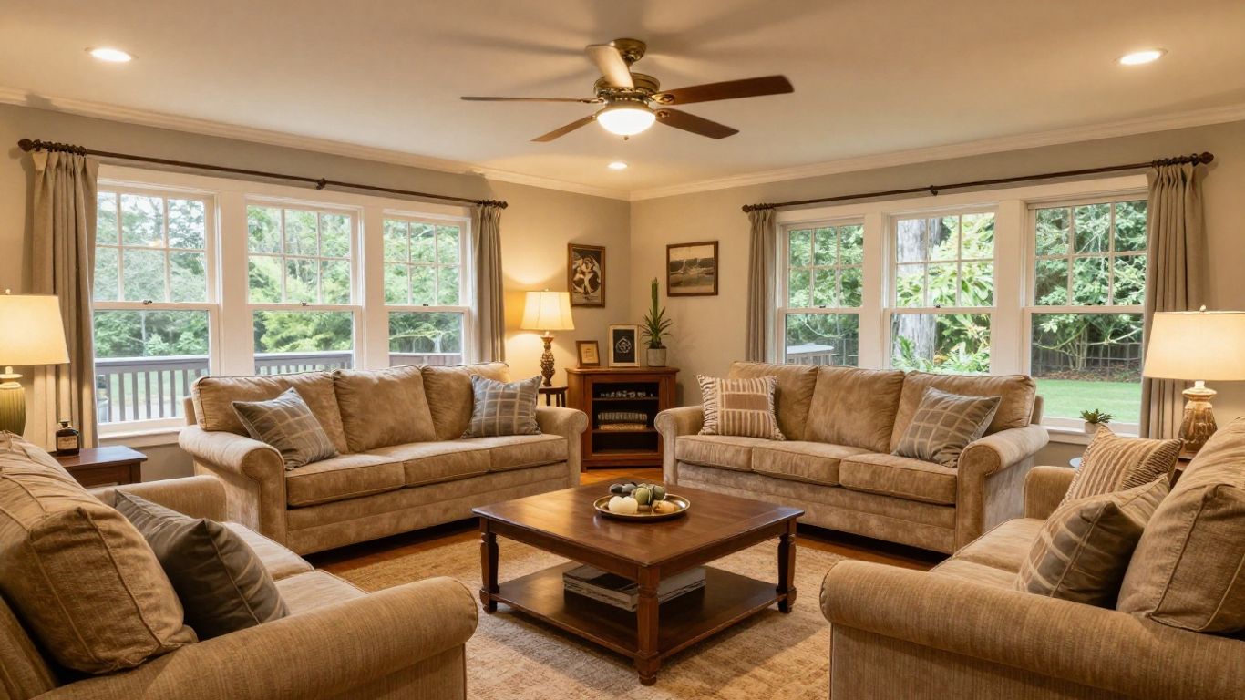 Finished basement living area with seating and warm lighting.