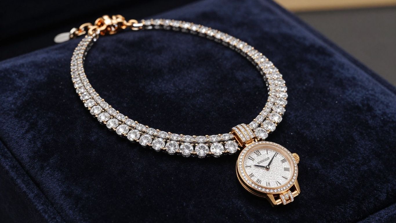 Luxury diamond necklace and gold watch on velvet