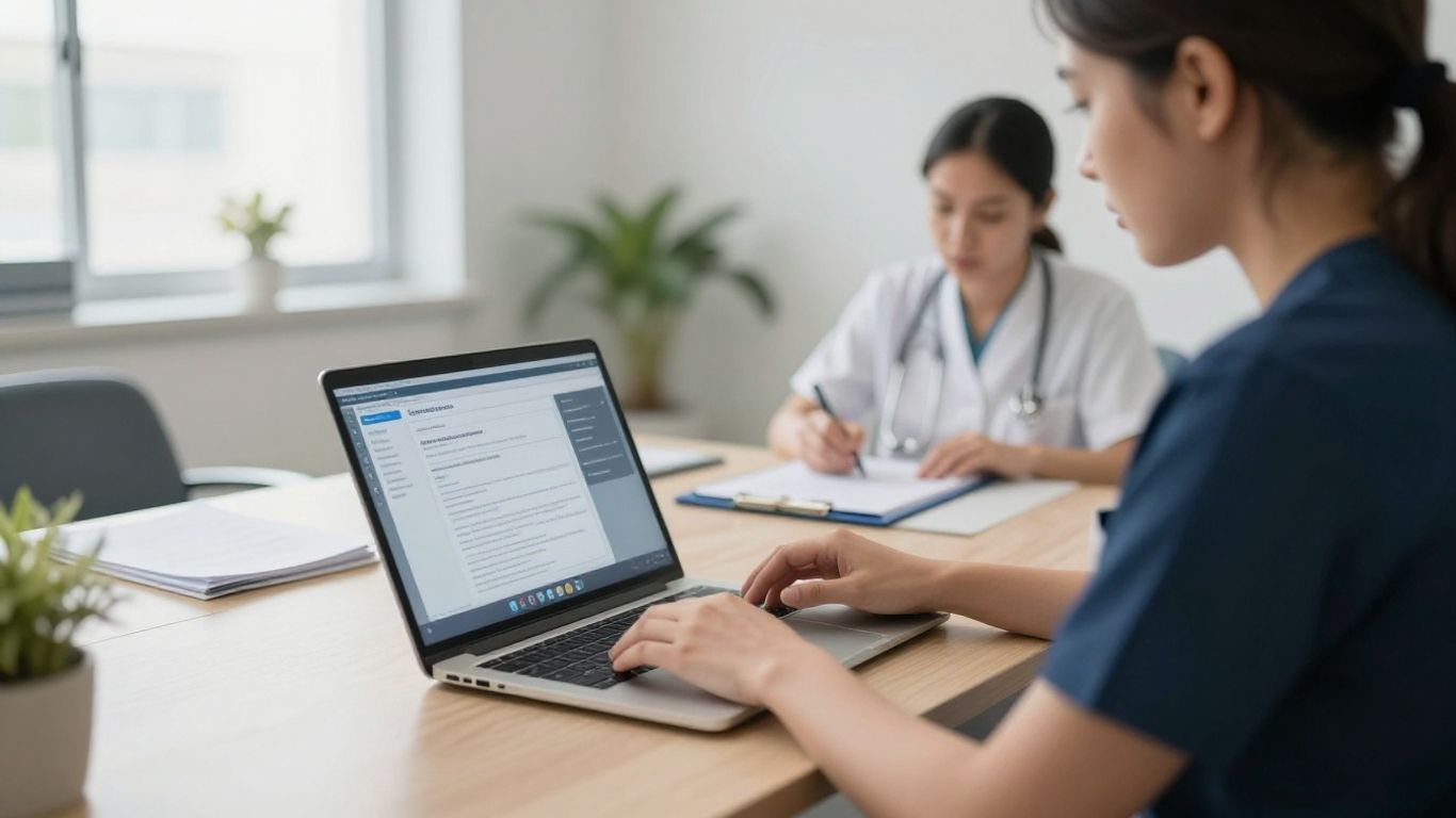 Healthcare professional reviewing records on a secure laptop