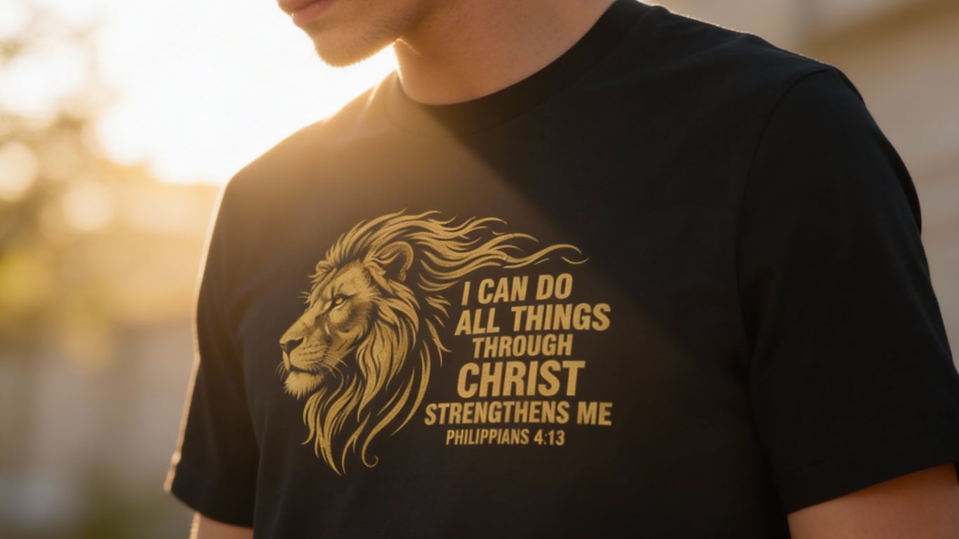 A person wears a black t-shirt with a golden lion and Bible verse.