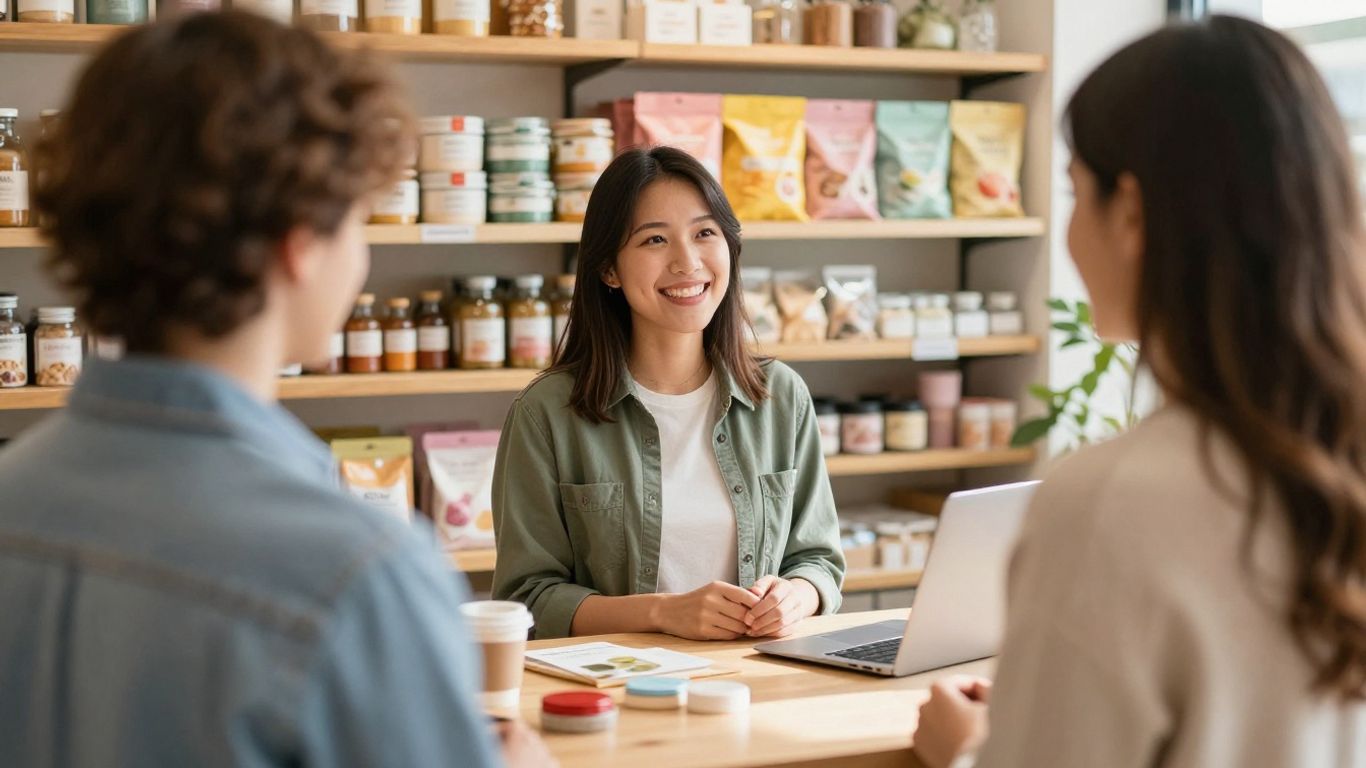 Pequeno negócio com clientes satisfeitos e produtos coloridos.