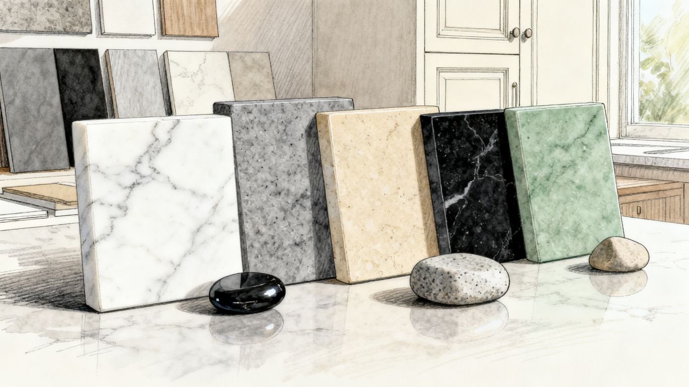 Marble finish and color samples beside cabinetry