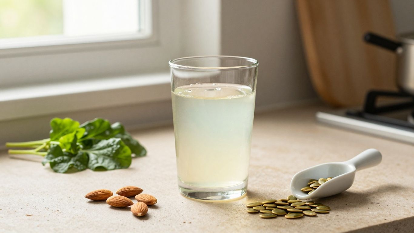 A glass of magnesium drink beside almonds