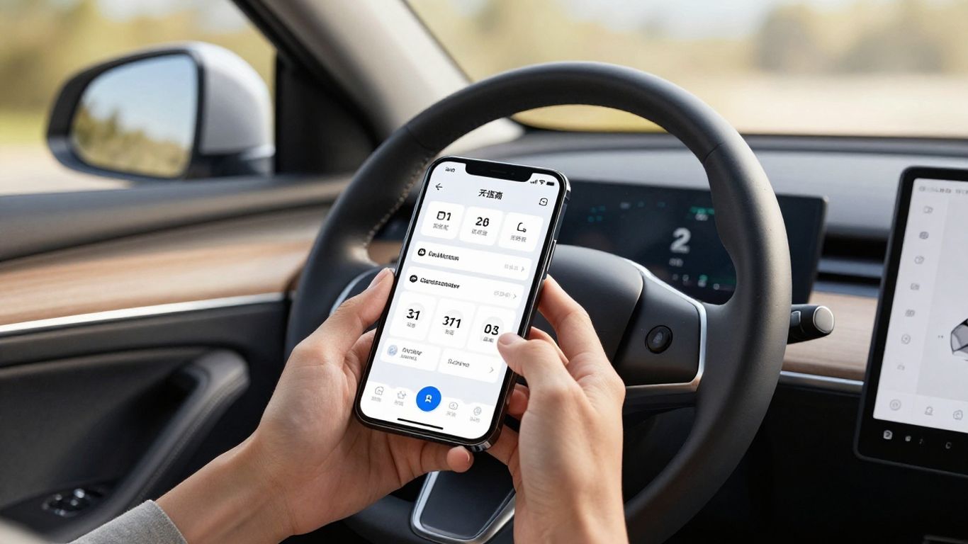 Auto im Innenraum mit Leasingrechner auf dem Handy