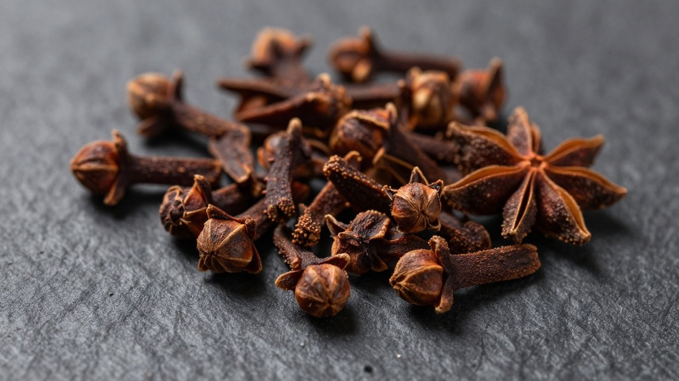Whole cloves scattered on a dark surface.