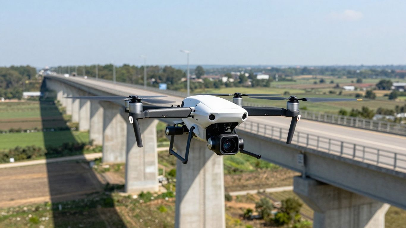 Drone inspecting a large bridge structure.