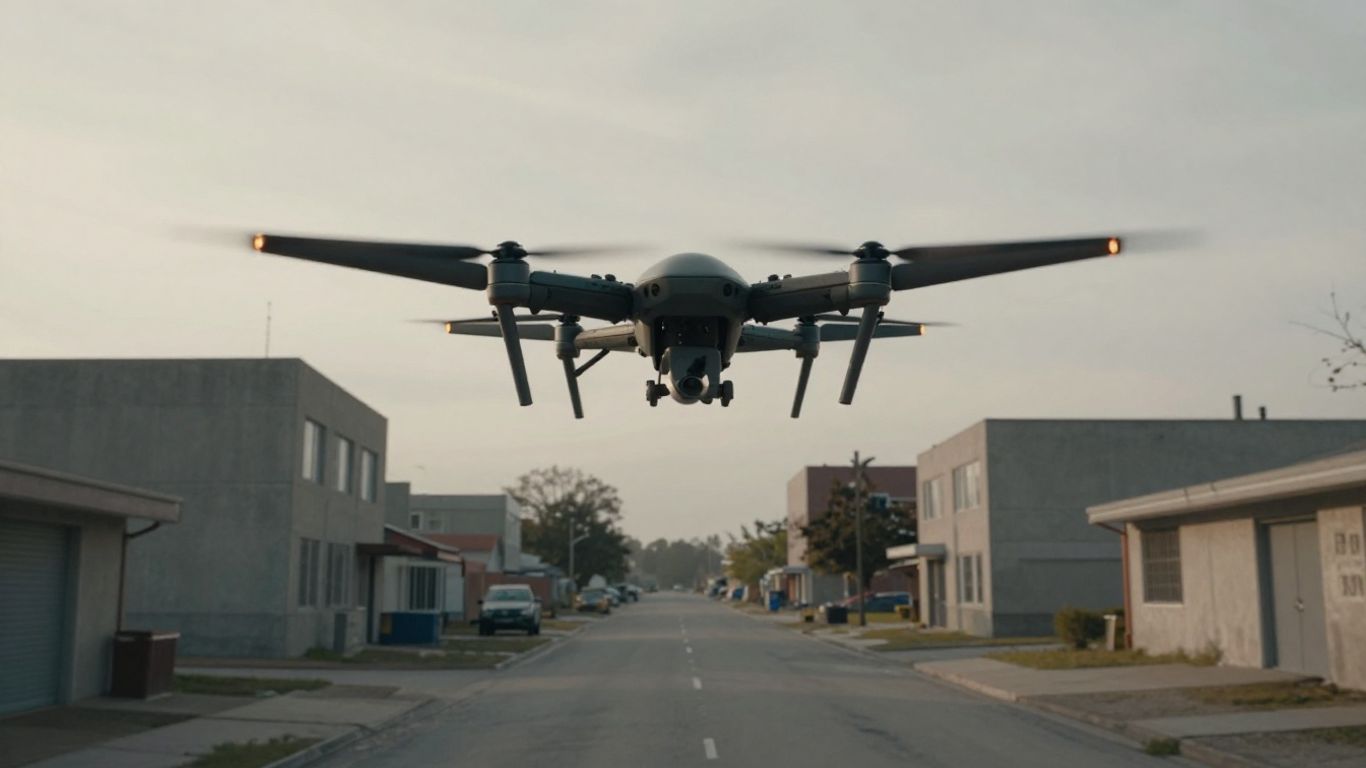 Drone operating in urban landscape