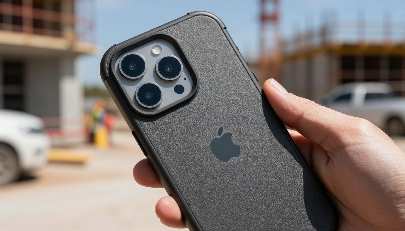 Close-up shot of an iPhone 16 Pro in a rugged, textured case, being held securely by someone on a construction site in Perth.