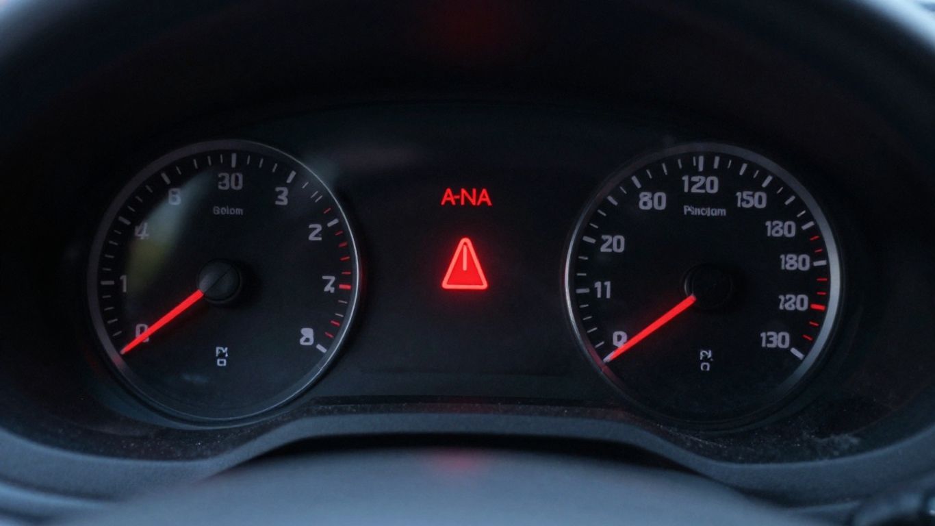 A dashboard warning light glowing red in soft light