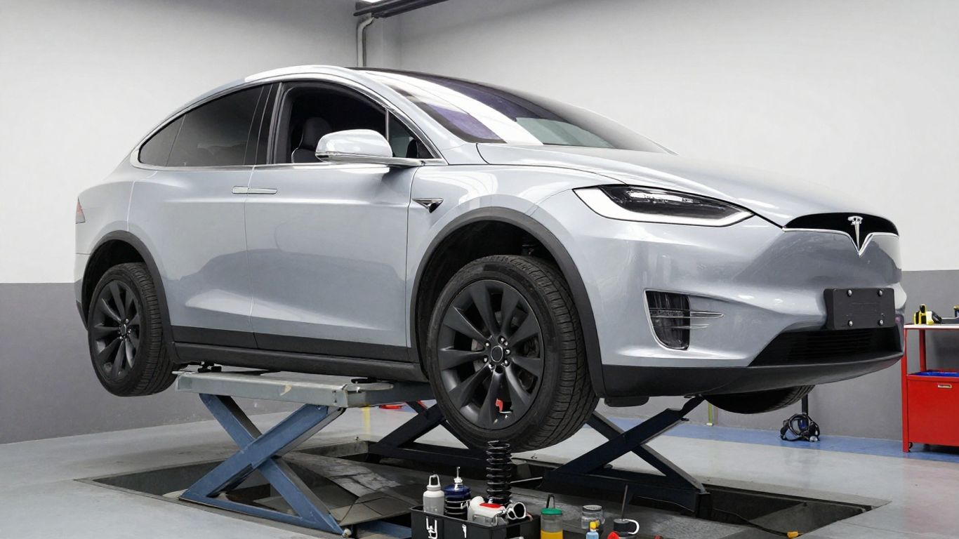Technician inspecting Model X suspension components