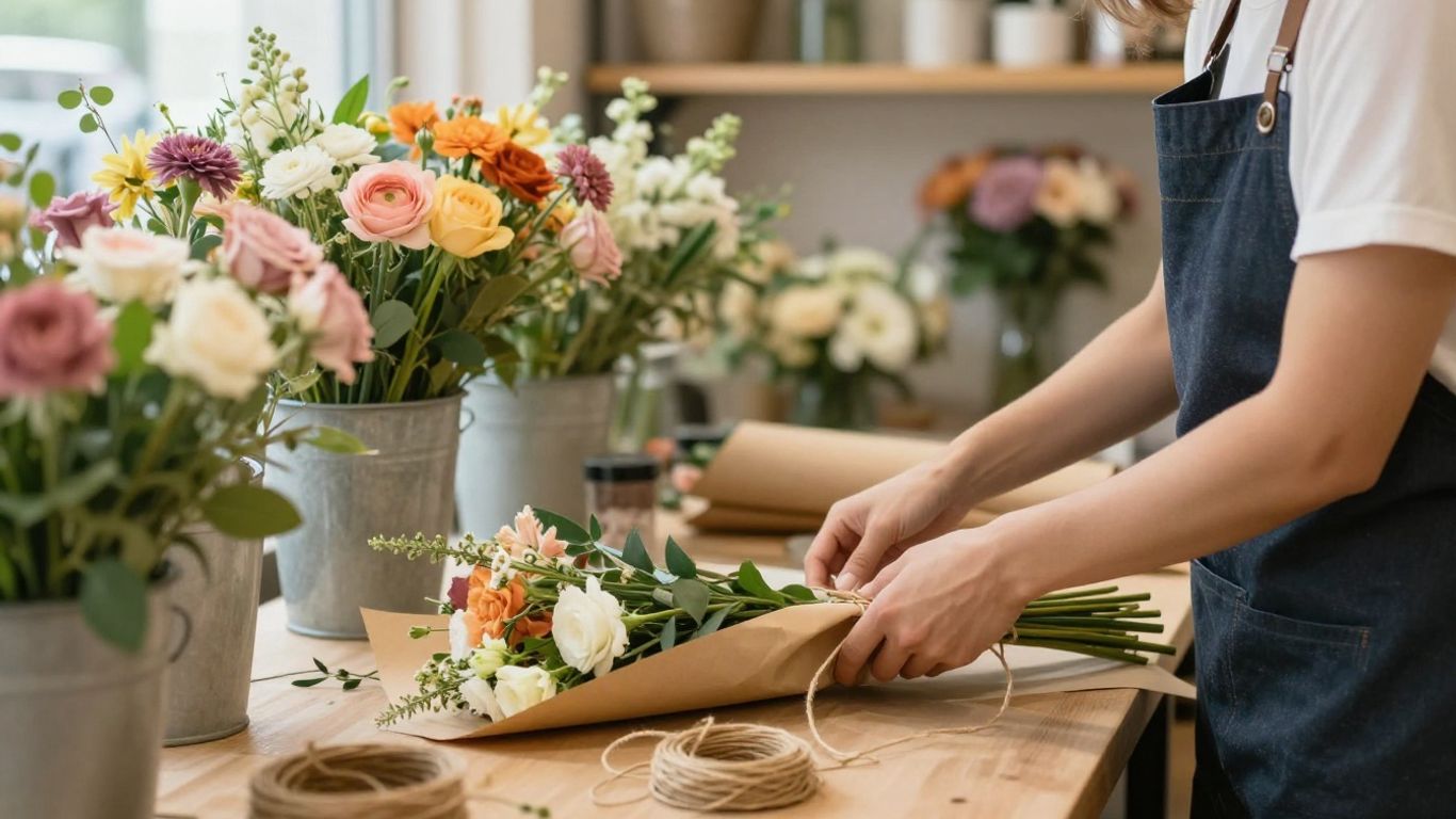 Florist preparing a bouquet for a local order