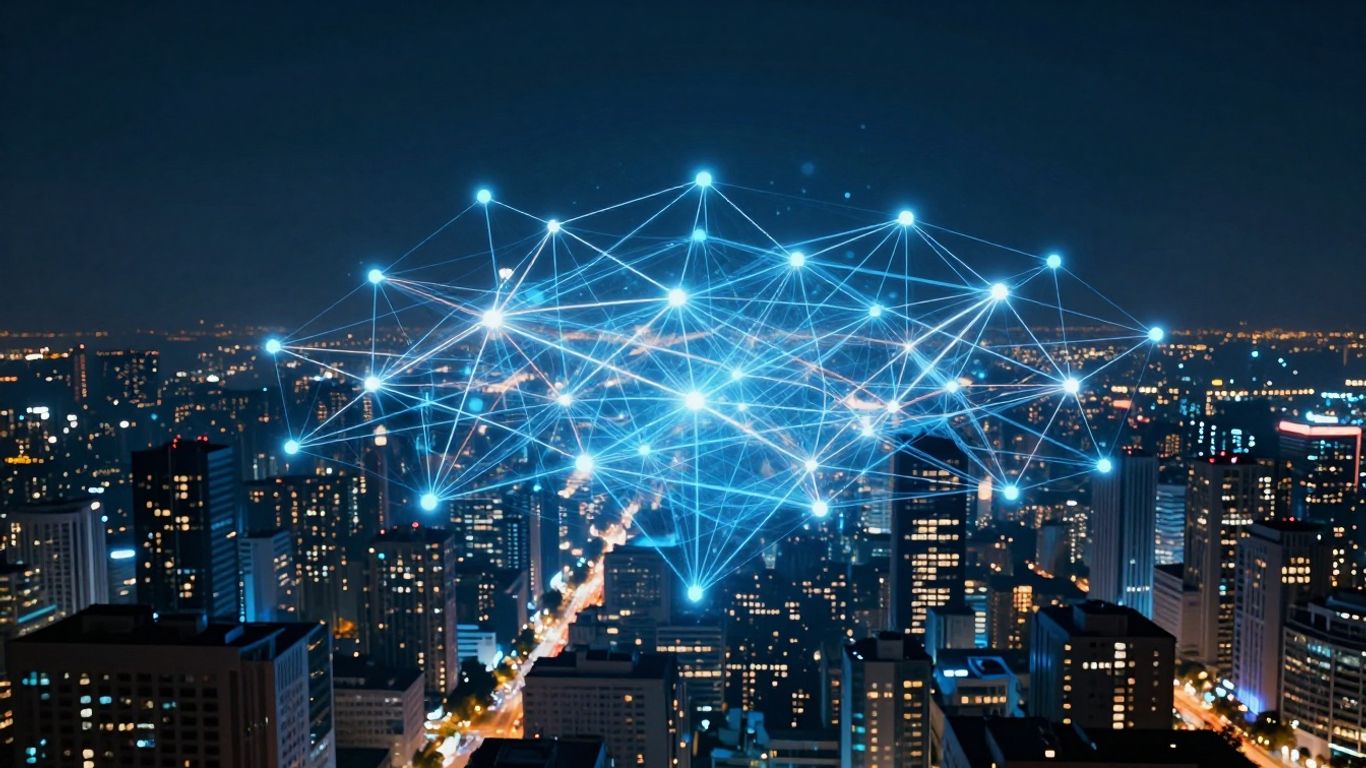 Futuristic cityscape with glowing blockchain network lines.