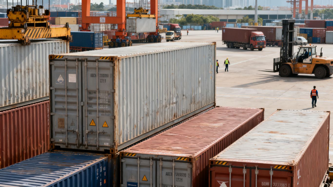 Shipping container loaded with furniture at a Chinese port Packed shipping container ready to export furniture from Foshan China