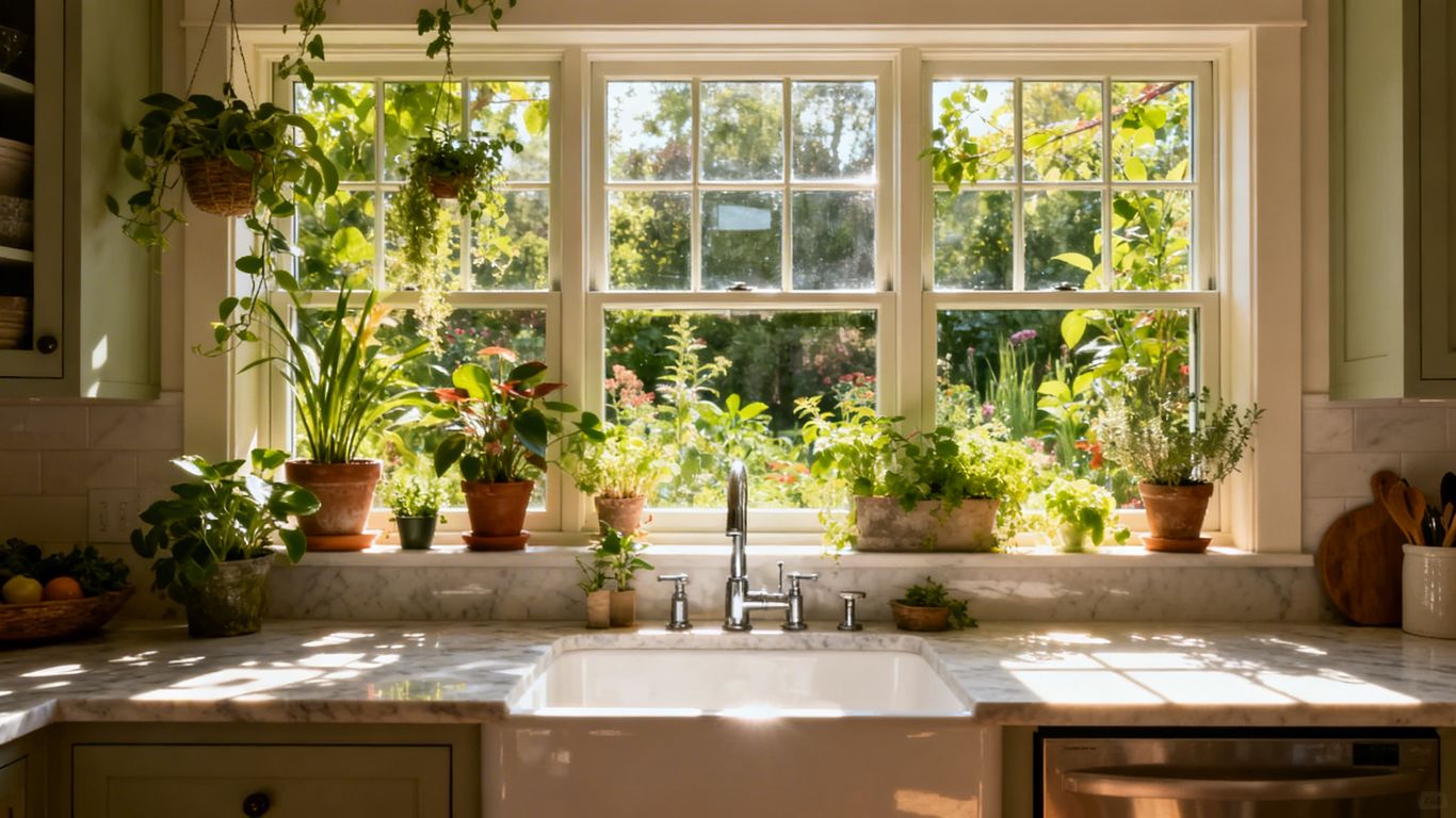 Kitchen sink with garden window and natural light.