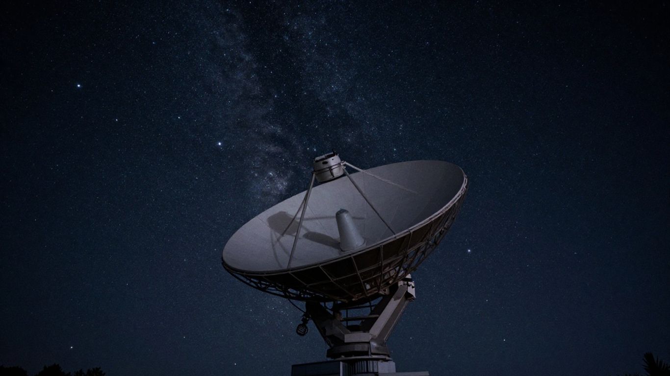 Satellite dish under starry night sky