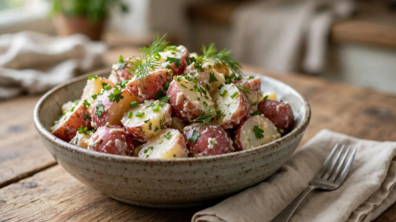 Aardappelsalade met kruiden op een houten tafel
