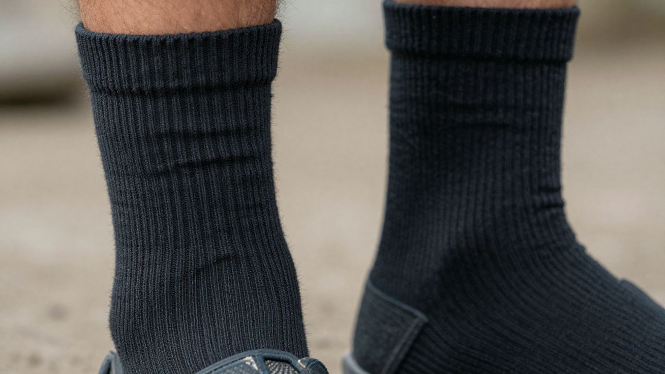Work socks pulled up to mid-calf.