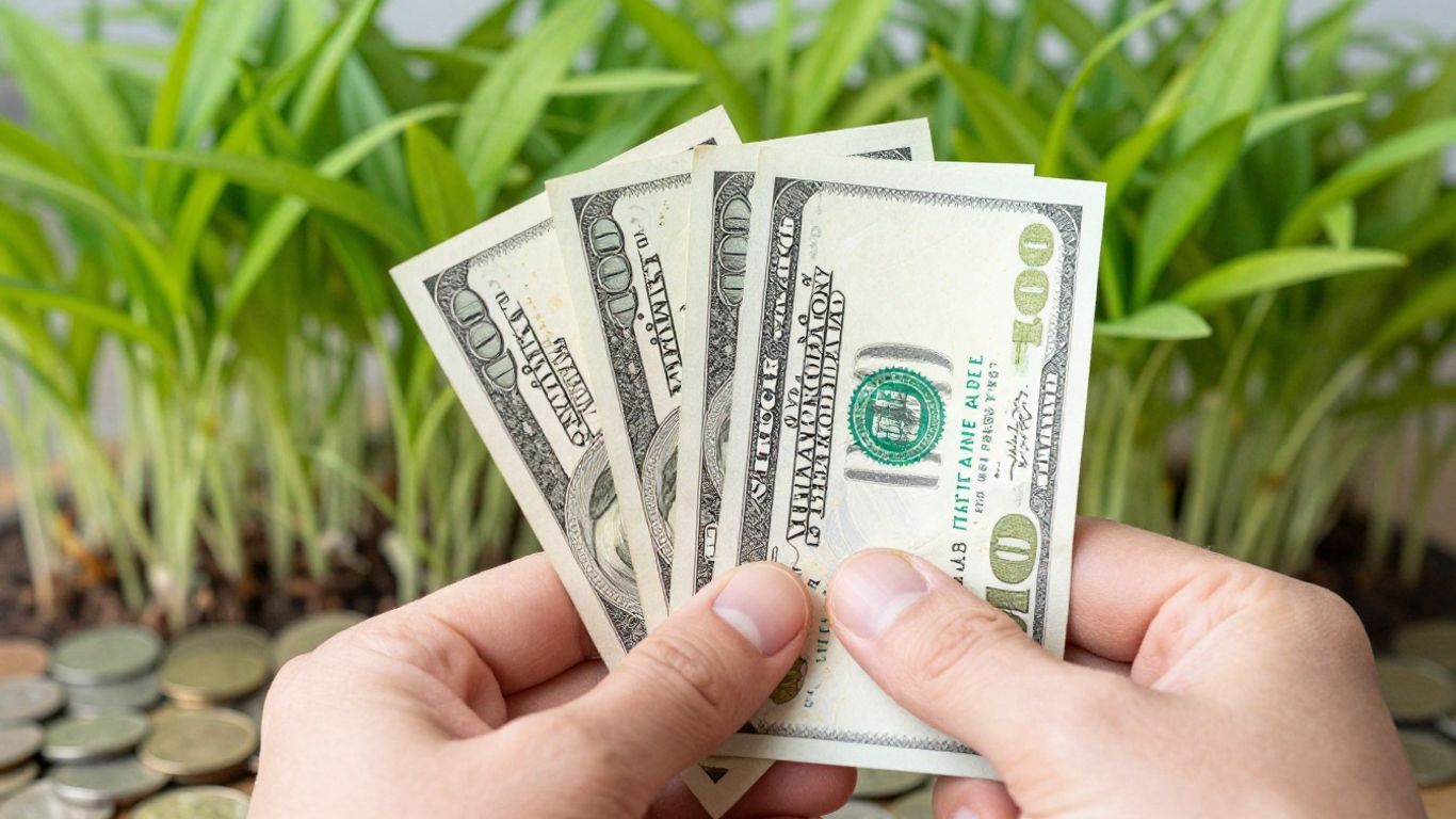 Hand holding $100 bill with sprouting plant and coins.