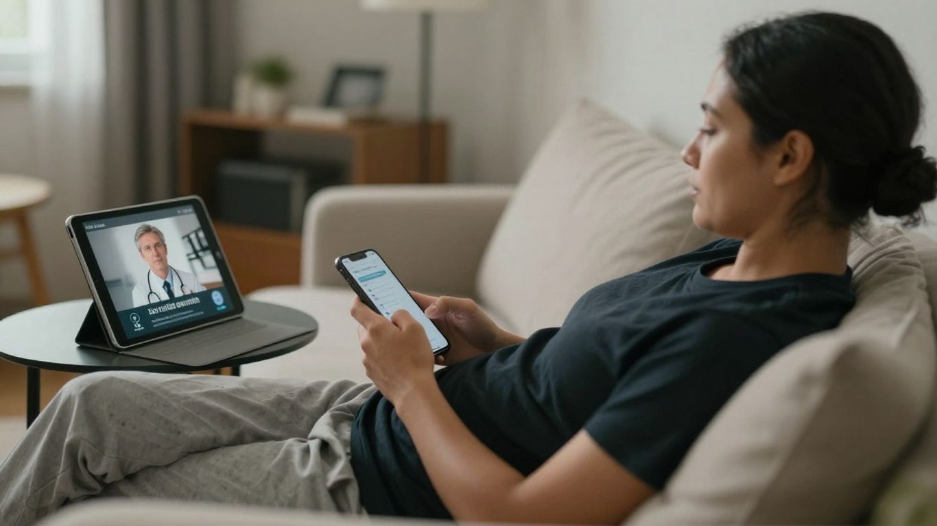 Doctor pe ecranul tabletei vorbind cu pacientul acasă.