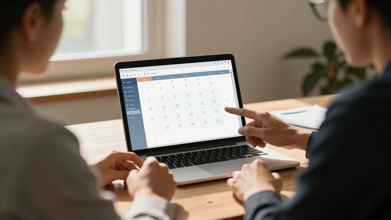 Business meeting discussing appointment setting on a laptop.