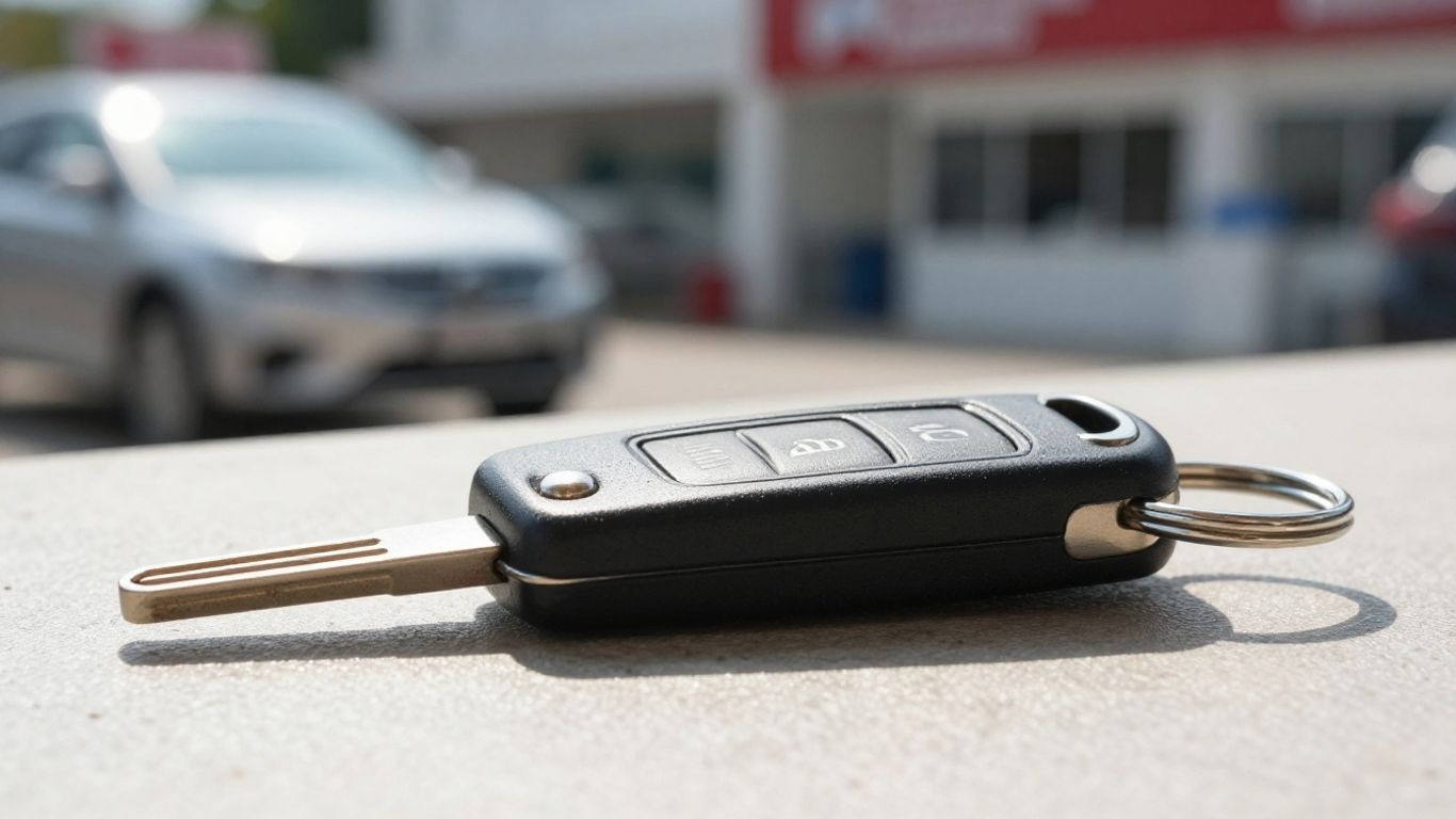 Car key on a blurred dealership showroom background.