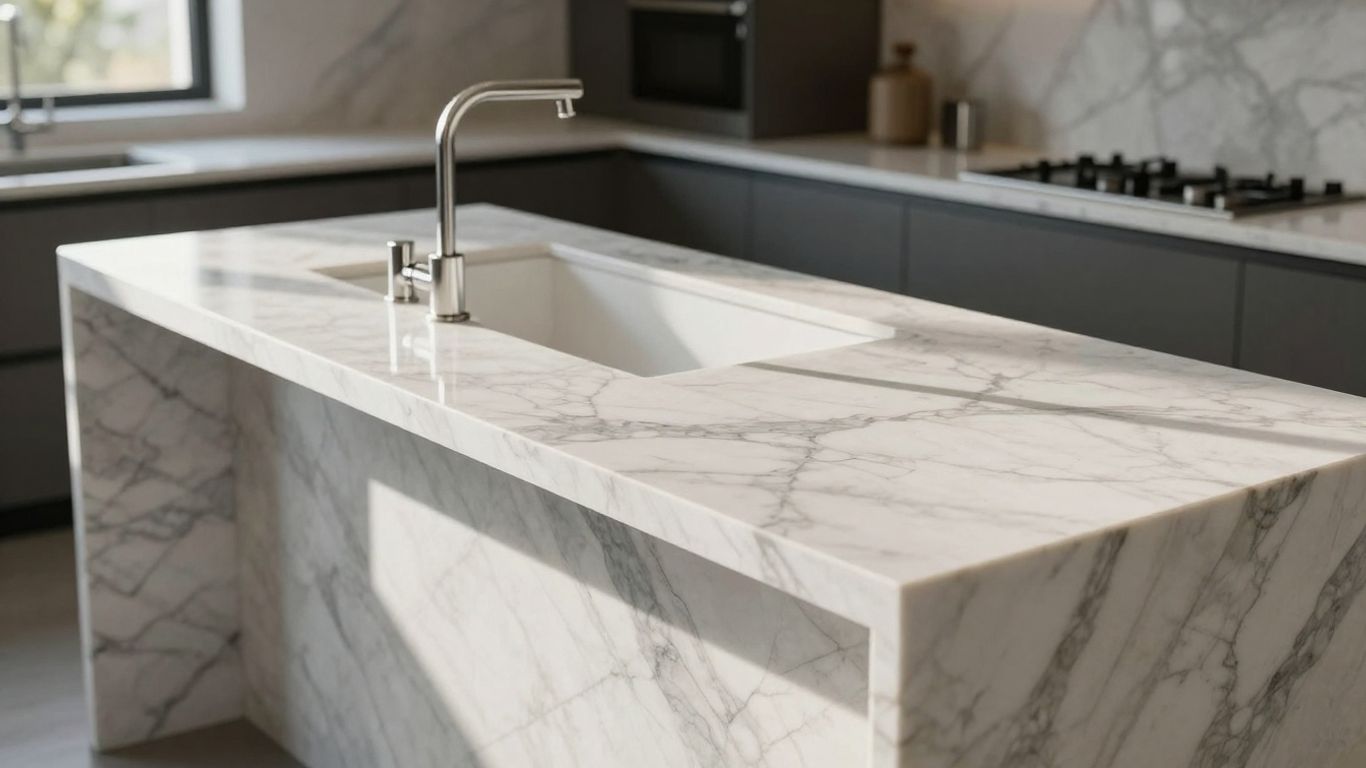 Elegant marble kitchen countertop with grey veining.