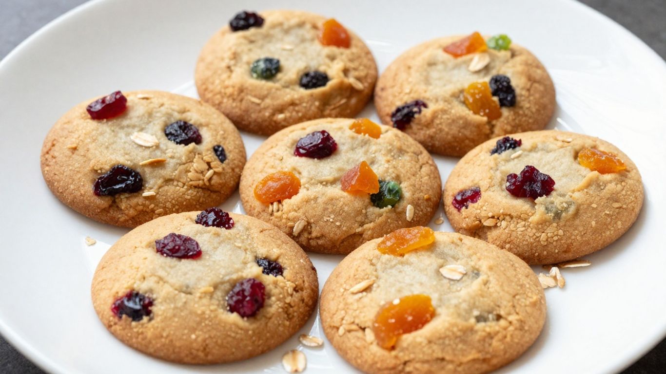 Fruity no-bake cookies with dried fruit on a plate.