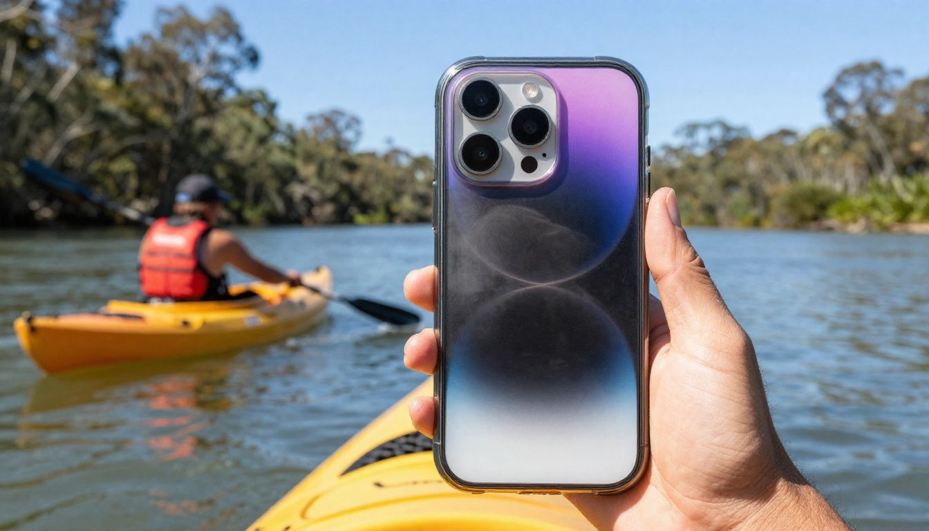 A person confidently using their iPhone 15 Pro Max in a waterproof case while kayaking on a sunny Australian river.