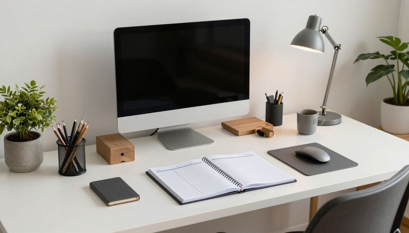 A clean, minimalist desk setup featuring a structured planner and a focused professional working in a well-lit, organized home office environment.