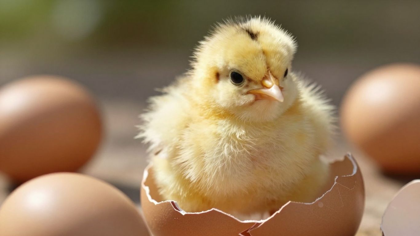 Mały, żółty pisklak obok skorupki jajka.