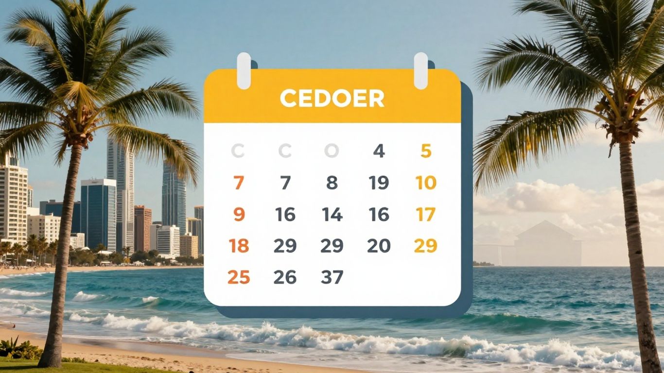 Gold Coast skyline with calendar and house icon.