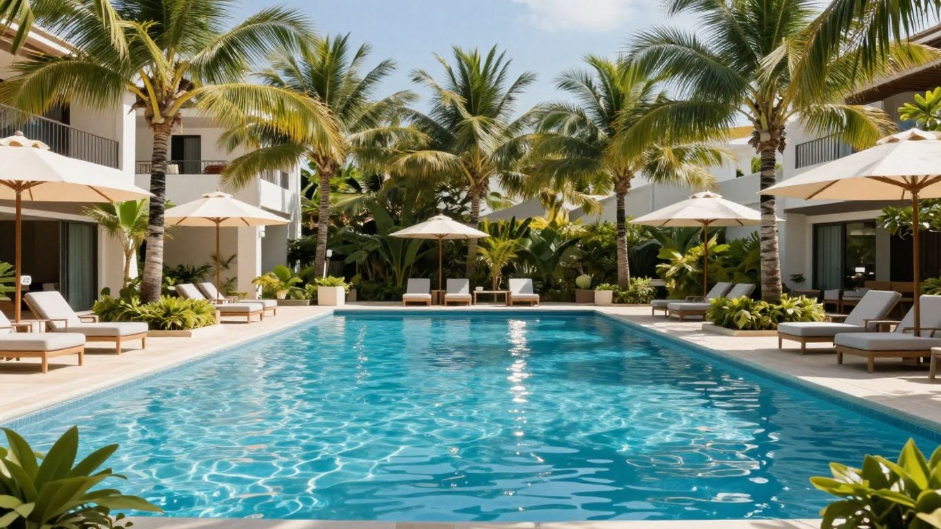 Sebel Pelican Waters Resort pool area with palm trees.