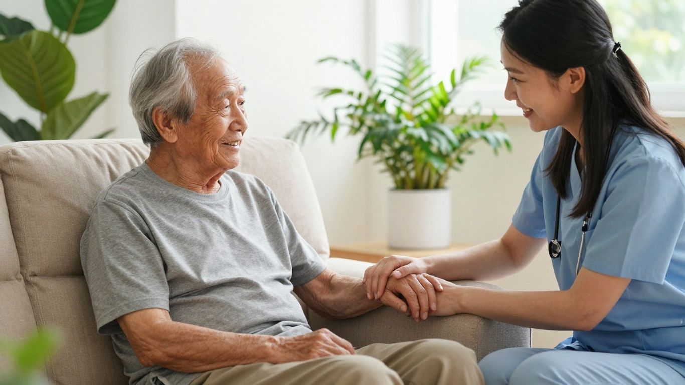 Caregiver comforting elderly person in a bright room.