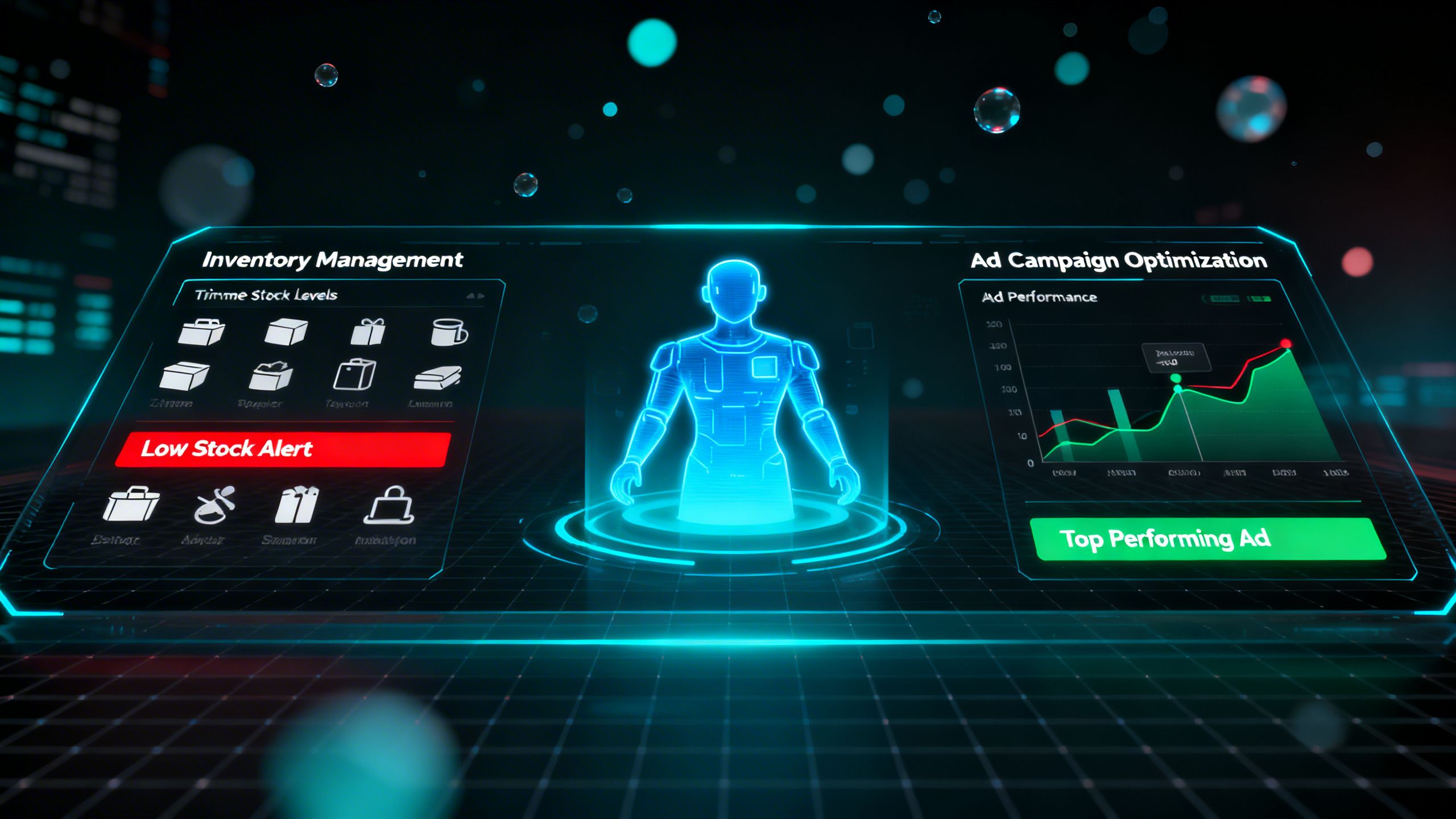 A futuristic dashboard showing an agentic AI managing eCommerce tasks like inventory and ads