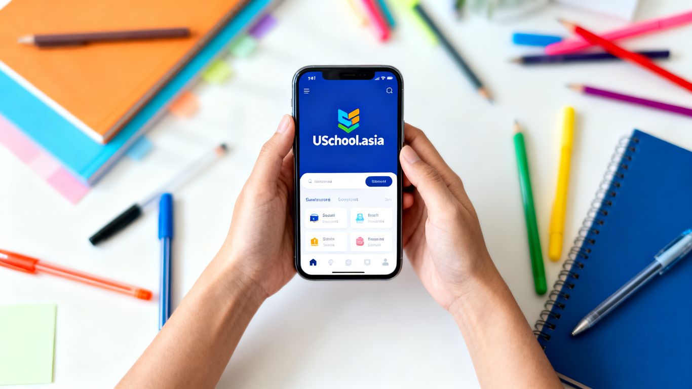 USchool.asia app on phone with planning materials.