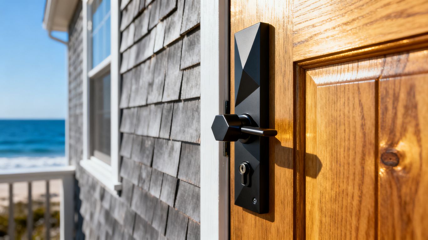 A sleek, high-security deadbolt installed on a coastal home door