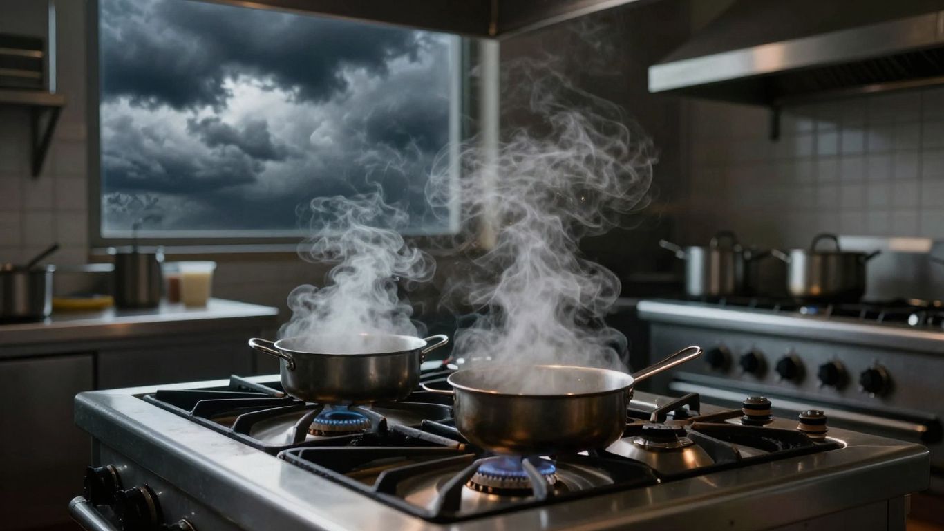 Commercial kitchen gas stove with stormy weather outside.
