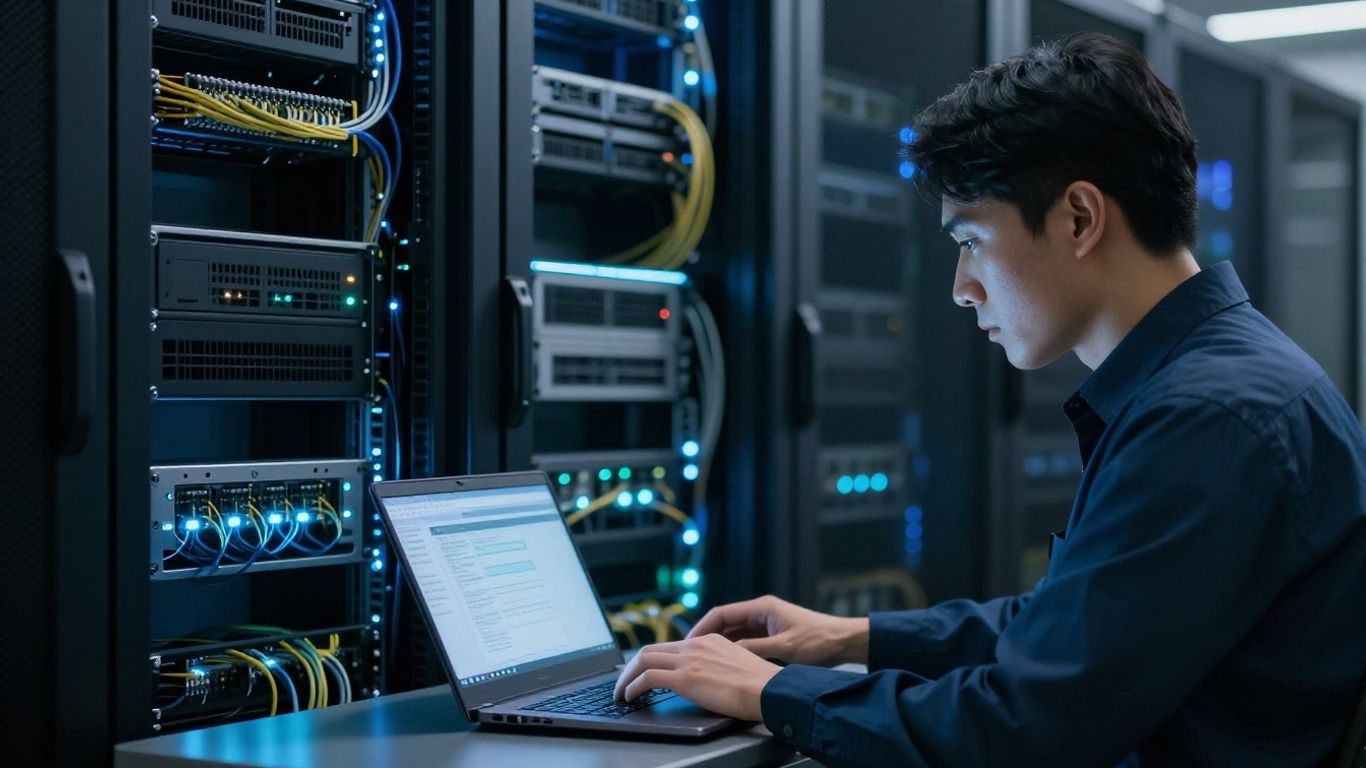 Technician working in a server room with blinking lights.