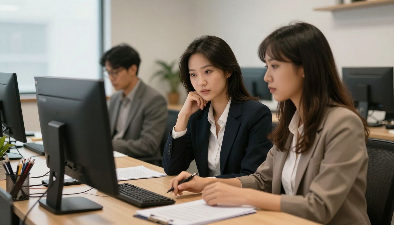 Profissional reflexivo olhando para um horizonte luminoso em uma mesa de escritório moderna