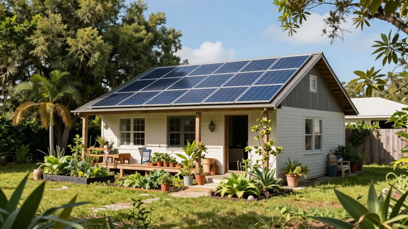 Off-grid Florida home with solar panels and garden.